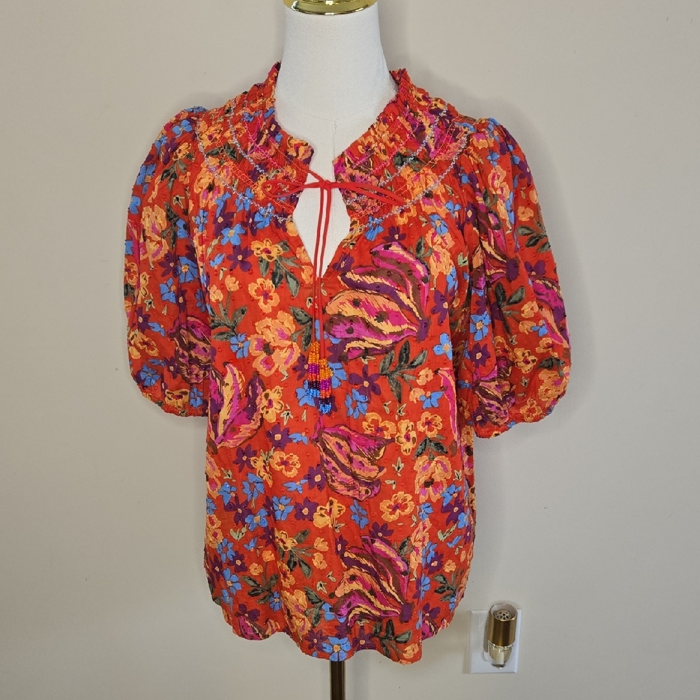 Rachel Roy Orange Floral Beaded Tassel Peasant Blouse Boho Puff Sleeve Medium